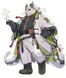 Rule 34 | 1boy, absurdres, bara, belt, black belt, black footwear, black fur, black shirt, cigarette, closed mouth, coat, commentary, dragon boy, dragon horns, dragon tail, fat, fat man, full body, furry, furry male, green hair, hand in pocket, highres, holding, holding cigarette, horns, jewelry, korean clothes, lapels, long mustache, looking to the side, male focus, multicolored hair, mustache, necklace, original, pants, round eyewear, shirt, simple background, solo, symbol-only commentary, tail, tassel, three quarter view, two-tone fur, two-tone hair, white background, white coat, white fur, white hair, white pants, yed (yedsilent)