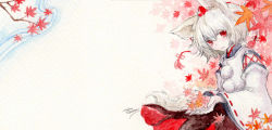 Rule 34 | 1girl, animal ears, autumn leaves, bare shoulders, detached sleeves, hat, inubashiri momiji, leaf, looking at viewer, red eyes, sakurai haruto, short hair, signature, silver hair, solo, tail, tokin hat, touhou, traditional media, wolf ears, wolf tail