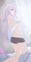 Rule 34 | 1girl, ahoge, black shorts, blue archive, blue hair, commentary, curtains, hair down, halo, highres, hiroki (yyqw7151), indoors, long hair, looking at viewer, multicolored hair, open mouth, panties, panties under shorts, purple eyes, reisa (blue archive), shorts, smile, solo, star halo, two-tone hair, underwear, white halo, white panties