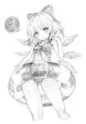 Rule 34 | 1girl, ?, alternate costume, armpits, blush, bow, cirno, colored pencil (medium), floater (floater80012059), graphite (medium), greyscale, hair bow, hair ornament, highres, ice, ice wings, looking at viewer, md5 mismatch, monochrome, open mouth, oshake, resized, short hair, simple background, solo, swimsuit, touhou, traditional media, white background, wings