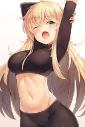 Rule 34 | 1girl, ;o, arm behind head, arms up, black pantyhose, black shirt, blonde hair, blouse, blush, bow, bow panties, breasts, brown background, crop top, fang, girls&#039; frontline, gradient background, green eyes, groin, hair between eyes, highres, large breasts, long hair, long sleeves, midriff, motokonut, navel, one eye closed, open mouth, panties, panties under pantyhose, pantyhose, s.a.t.8 (girls&#039; frontline), shirt, solo, stretching, taut clothes, taut shirt, underwear, very long hair, white background