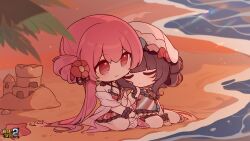 Rule 34 | bare shoulders, barefoot, beach, benghuai xueyuan, bikini, blush, bow, brown hair, character request, chibi, closed eyes, closed mouth, copyright name, eta, flower, frilled one-piece swimsuit, frills, hair between eyes, hair flower, hair ornament, highres, honkai (series), long hair, on grass, one-piece swimsuit, outdoors, pink hair, red bikini, red bow, red eyes, red flower, sand, sand castle, sand sculpture, seashell, see-through, seiza, shell, sitting, smile, starfish, sunset, swimsuit, very long hair, water, white headwear, wrist cuffs