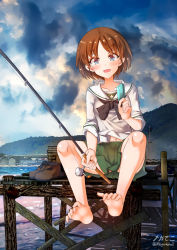 Rule 34 | 1girl, barefoot, blue eyes, blush, breasts, brown hair, cameltoe, feet, fishing, fishing rod, food, girls und panzer, green skirt, highres, impossible clothes, looking at viewer, megadeko, microskirt, navel, ooarai school uniform, open mouth, pleated skirt, popsicle, sakaguchi karina, school uniform, short hair, sitting, skirt, small breasts, smile, soles, solo, toe scrunch, toes