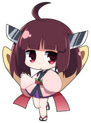 Rule 34 | 1girl, :o, ahoge, black footwear, blush, brown hair, chibi, commentary request, full body, headgear, japanese clothes, kimono, long hair, long sleeves, looking at viewer, osaragi mitama, parted lips, pinching sleeves, pink kimono, purple skirt, red eyes, sandals, short kimono, simple background, skirt, sleeves past wrists, socks, solo, standing, standing on one leg, touhoku kiritan, voiceroid, white background, white socks, wide sleeves, zouri