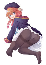 Rule 34 | 1girl, absurdres, all fours, ass, beret, black coat, black hat, black pantyhose, blush, braid, brown hair, coat, commentary request, dress, frilled dress, frills, hair between eyes, hat, highres, hood, hood down, hooded coat, long hair, long sleeves, looking at viewer, looking back, lr (last remote 514), no shoes, open mouth, panties, panties under pantyhose, pantyhose, princess connect!, purple eyes, sleeves past wrists, soles, solo, sweat, thighband pantyhose, twin braids, underwear, white dress, white panties, yuni (princess connect!)