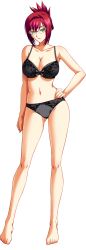 Rule 34 | 1girl, barefoot, bishop (company), black bra, black panties, bow, bow bra, bow panties, bra, breasts, cleavage, contrapposto, female focus, full body, glasses, green eyes, hair up, hand on own hip, highres, kagami hirotaka, kyouiku shidou, lace, lace bra, lace panties, large breasts, looking at viewer, midou eriko, mole, mole under eye, panties, red hair, solo, transparent background, underwear