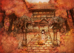 Rule 34 | 1girl, architecture, autumn, autumn leaves, bad id, bad pixiv id, bag, black eyes, black hair, child, commentary, east asian architecture, expressionless, graphite (medium), holding, japanese clothes, kimono, looking at viewer, millipen (medium), muted color, original, path, road, scenery, shrine, solo, sonidoriy, traditional media, tree, yukata