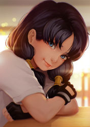 Rule 34 | 1girl, artist name, black gloves, black hair, blue eyes, blue hair, blurry, blurry background, character cutout, commentary, depth of field, dragon ball, face, fingerless gloves, gloves, highres, looking at viewer, magion02, medium hair, shirt, sidelocks, smile, solo, twintails, videl, white shirt