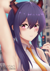 Rule 34 | 1girl, arknights, arm up, armpits, artist name, blue hair, ch&#039;en (arknights), commentary request, dragon horns, grin, hair between eyes, highres, horns, lenxiao, long hair, looking at viewer, nail polish, necktie, outdoors, parted lips, partial commentary, pink eyes, pink nails, shirt, sleeveless, sleeveless shirt, smile, solo, traffic light, upper body, white shirt, wing collar, yellow necktie