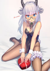 Rule 34 | 1girl, :o, bare shoulders, black footwear, black horns, blue eyes, blunt bangs, blush, breasts, bridal garter, brown pantyhose, character request, cleavage, collarbone, commentary request, copyright request, covered navel, dated, detached collar, gift, glasses, horns, legs, leotard, long hair, looking at viewer, medium breasts, pantyhose, playboy bunny, sakumichi, shoes, sitting, solo, valentine, virtual youtuber, white hair