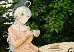 Rule 34 | 1girl, ahoge, breasts, bush, cake, chair, closed mouth, cup, day, dress, flower, food, grey eyes, hair between eyes, highres, holding, holding cup, kantai collection, large breasts, leaf, long hair, long sleeves, nidou, official alternate costume, outdoors, pink dress, pink flower, sitting, solo, table, very long hair, washington (kancolle), white hair