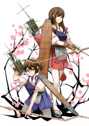 Rule 34 | 10s, 2girls, akagi (kancolle), archery, arrow (projectile), black legwear, blush, bow (weapon), breasts, brown eyes, brown hair, cherry blossoms, clog sandals, flight deck, full body, gloves, highres, japanese clothes, kaga (kancolle), kantai collection, kyuudou, long hair, medium breasts, multiple girls, muneate, okobo, partially fingerless gloves, partly fingerless gloves, personification, quiver, sandals, side ponytail, skirt, tenko (gintenko), thighhighs, weapon, white legwear, yugake