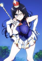 Rule 34 | 10s, 1girl, band uniform, black hair, blue eyes, blush, breasts, covered erect nipples, day, female focus, glasses, gradient background, hat, hibike! euphonium, highres, large breasts, leaning forward, long hair, looking at viewer, md5 mismatch, niko (tama), one eye closed, pale skin, skirt, sky, smile, solo, staff, tanaka asuka, tree