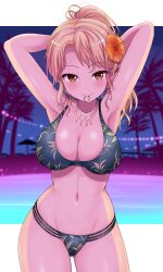 Rule 34 | 1girl, absurdres, adjusting hair, armpits, arms behind head, arms up, bang dream!, beach, bikini, black bikini, blonde hair, blurry, blurry background, blush, breasts, brown eyes, cleavage, collarbone, commission, commissioner upload, cowboy shot, cropped legs, earrings, floral print, flower, flower on head, gluteal fold, hair tie in mouth, hibiscus, highres, hoop earrings, jewelry, kasai shin, kirigaya toko, large breasts, long hair, looking at viewer, lowleg, lowleg bikini, mouth hold, multiple straps, navel, necklace, night, object in mouth, outdoors, palm tree, plant, ponytail, print bikini, shiny skin, skeb commission, smile, solo, stomach, sweat, swimsuit, tree, water
