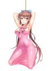 Rule 34 | 1girl, absurdres, armpits, arms behind head, arms up, bdsm, blue bow, bondage, bound, bound arms, bow, bowtie, breasts, brown eyes, brown hair, cleavage, collarbone, covered navel, freshylulu m, hair bow, highres, kirby, kirby (series), kirby and the forgotten land, kneehighs, large breasts, long hair, looking at viewer, mouthful mode, nintendo, nude, original, pink bow, pink bowtie, rope, simple background, socks, twintails, very long hair, vore, white background