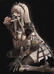 Rule 34 | 1girl, apple, armor, bandaged leg, bandages, barcode, blonde hair, breasts, earrings, food, foot out of frame, frilled sleeves, frills, fruit, gauntlets, gold can, grey eyes, hairband, highres, holding, holding food, holding fruit, jewelry, leg armor, long hair, mask, medium breasts, mouth mask, multiple earrings, ninja mask, original, shoulder armor, single gauntlet, sitting, solo, torn sleeve, wariza