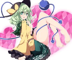 Rule 34 | 1girl, bare legs, barefoot, bow, floral print, gradient background, green eyes, green hair, hat, hat bow, heart, heart-shaped pupils, heart background, komeiji koishi, long sleeves, looking at viewer, matching hair/eyes, open mouth, sakurame, shirt, skirt, smile, soles, solo, symbol-shaped pupils, third eye, touhou, wide sleeves