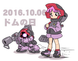 Rule 34 | 1girl, bazooka (gundam), character name, chibi, commentary, dated, dom (mobile suit), glowing, glowing eye, gun, gundam, holding, holding gun, holding weapon, looking at viewer, mecha, mobile suit gundam, one-eyed, personification, pink hair, purple eyes, red eyes, robot, skating, sketch, weapon, yabe makoto, zeon