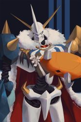Rule 34 | armor, black background, blue background, blue eyes, box, cape, commentary, digimon, digimon (creature), expressionless, fur-trimmed cape, fur collar, fur trim, gift, gift box, holding, holding box, holding gift, horns, kira (kira dra), looking at viewer, mecha, no humans, omegamon, red cape, robot, solo, spikes, standing, twitter username, two-tone background, valentine