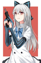 Rule 34 | 1girl, absurdres, blue neckwear, bow, buttons, commentary request, dress, elbow gloves, eossim, girls&#039; frontline, gloves, gun, hair between eyes, hair bow, handgun, hands up, highres, holding, holding gun, holding weapon, long hair, long sleeves, looking at viewer, partially fingerless gloves, puffy short sleeves, puffy sleeves, red eyes, short sleeves, sidelocks, silver hair, solo, star (symbol), striped clothes, striped gloves, tokarev (girls&#039; frontline), tokarev tt-33, two-tone background, weapon, white dress