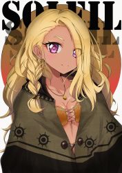 Rule 34 | 1girl, amamiya elena, bad id, bad pixiv id, blonde hair, blush, braid, breasts, character name, cleavage, closed mouth, collarbone, commentary request, dark-skinned female, dark skin, ear piercing, earrings, eyes visible through hair, hair down, hair over one eye, highres, jewelry, long hair, makeup, medium breasts, midriff, mole, mole under eye, necklace, pendant, piercing, pink lips, poncho, precure, purple eyes, rudo (rudorudo0917), side braid, smile, solo, star twinkle precure, sun symbol, upper body, white background