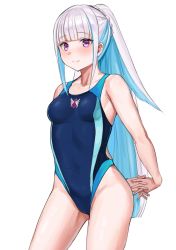 Rule 34 | 1girl, absurdres, aqua hair, arms behind back, blue one-piece swimsuit, blunt bangs, blush, breasts, competition swimsuit, highres, interlocked fingers, kuro (zhurunbo1997), lize helesta, long hair, medium breasts, multicolored hair, nijisanji, one-piece swimsuit, ponytail, purple eyes, simple background, smile, solo, swimsuit, two-tone hair, virtual youtuber, white background, white hair