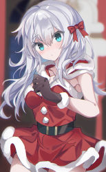 Rule 34 | 1girl, absurdres, belt, belt buckle, black belt, black gloves, blue eyes, bow, buckle, capelet, christmas, commentary, dress, fathom, fur-trimmed capelet, fur-trimmed dress, fur-trimmed gloves, fur trim, gloves, hair ribbon, hibiki (kancolle), highres, kantai collection, looking at viewer, red bow, red capelet, red dress, red ribbon, ribbon, santa costume, santa dress, solo, white hair
