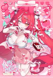 Rule 34 | 1girl, blood, blood bag, bow, bowtie, breasts, bubble, cleavage, hair ornament, happy birthday, heart, heart bubbles, heart hair ornament, heart hands, highres, large breasts, lilianei, long hair, looking at viewer, monochrome, nyphielia, pill, pink bow, pink bowtie, red hair, ribbon, solo, thighhighs, twintails, valeria lili, virtual youtuber, white ribbon, white thighhighs