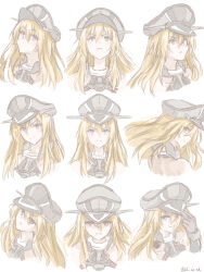 Rule 34 | 1girl, absurdres, atodashi, bare shoulders, bismarck (kancolle), black gloves, black headwear, blonde hair, blue eyes, cropped shoulders, gloves, hair between eyes, hand on headwear, hat, highres, kantai collection, long hair, military hat, multiple views, parted lips, peaked cap, simple background, smile, twitter username, upper body, white background