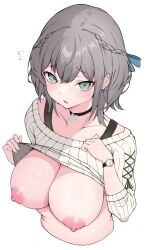 Rule 34 | 1girl, blue ribbon, blush, bow, braid, breasts, breasts out, choker, cleavage, clothes lift, collarbone, cropped torso, french braid, green eyes, grey hair, hair ribbon, highres, hololive, jewelry, large breasts, lifting own clothes, long sleeves, looking at viewer, mauichi, medium hair, nipples, off shoulder, official alternate costume, parted lips, ribbed sweater, ribbon, shirogane noel, shirogane noel (casual), short hair, simple background, snowflake choker, solo, sweater, upper body, virtual youtuber, watch, white background, wristwatch