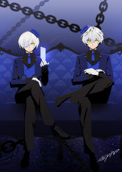 Rule 34 | 2boys, absurdres, alternate costume, alternate eye color, alternate hair color, amamiya ren, artist name, black footwear, black pants, black shirt, blue headwear, blue jacket, blue necktie, card, chain, closed mouth, collared shirt, couch, crossed arms, crossed legs, expressionless, full body, gloves, hair between eyes, hair over one eye, hand on own knee, hat, highres, holding, holding card, jacket, loafers, long sleeves, looking at viewer, male focus, messy hair, multiple boys, necktie, night, night sky, pants, persona, persona 3, persona 5, ripples, shirt, shoes, shooting star, short hair, shuangjiangluyin, signature, sitting, sky, smile, star (sky), straight-on, velvet room, white gloves, white hair, wing collar, yellow eyes, yuuki makoto (persona 3)