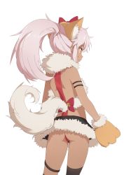 Rule 34 | 1girl, absurdres, animal ear fluff, animal ears, animal hands, armlet, ass, asymmetrical legwear, bad id, bad twitter id, bell, black thighhighs, bow, chloe von einzbern, cirnocchi, closed mouth, collaboration, coupon (skyth), cowboy shot, dangeroes beast (chloe), dark-skinned female, dark skin, fake animal ears, fate/kaleid liner prisma illya, fate (series), from behind, fur trim, gloves, hair bow, highres, jingle bell, microskirt, orange eyes, paw gloves, pink hair, ponytail, profile, revealing clothes, simple background, skirt, smile, solo, tail, thigh strap, thighhighs, thong, timbougami, uneven legwear, white background