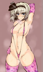 Rule 34 | 1girl, alternate costume, areola slip, arm behind back, arm behind head, arm up, armpits, bikini, blue eyes, blush, breasts, breath, collarbone, colored eyelashes, curvy, elbow gloves, embarrassed, fat mons, gloves, grey hair, hand on own hip, headband, heart, heart print, highres, konpaku youmu, looking at viewer, micro bikini, navel, partially visible vulva, shiny skin, simple background, slingshot swimsuit, smell, solo, sweat, swimsuit, thick thighs, thighhighs, thighs, toned, touhou, wakura (gcdan), wedgie, white hair, wide hips