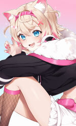 Rule 34 | 1girl, absurdres, animal ear fluff, animal ears, bandaid, bandaid hair ornament, belt, black jacket, blonde hair, blue eyes, cropped jacket, dog ears, dog girl, fang, fishnet socks, fishnets, frilled shorts, frills, fur-trimmed jacket, fur trim, hair ornament, hana kuro3, highres, hololive, hololive english, jacket, looking at viewer, medium hair, mococo abyssgard, mococo abyssgard (1st costume), multicolored hair, open mouth, pink belt, pink hair, pink nails, short shorts, shorts, smile, socks, solo, streaked hair, virtual youtuber, white shorts, x hair ornament