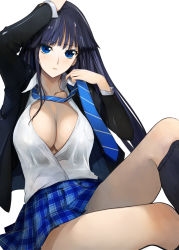 Rule 34 | 1girl, aquaplus, arm above head, arms up, black hair, black jacket, blazer, blue eyes, blue necktie, blue skirt, blush, breasts, cleavage, clothes lift, coat, collarbone, gradient eyes, hime cut, jacket, knee up, kneehighs, large breasts, long hair, midriff peek, multicolored eyes, necktie, open clothes, open shirt, parted lips, plaid, plaid necktie, plaid neckwear, plaid skirt, pupps, shirt, sidelocks, skirt, socks, solo, thighs, touma kazusa, very long hair, white album, white album (series), white album 2, white shirt