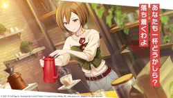 Rule 34 | 1girl, belt, bow, brown eyes, brown hair, cafe, coffee cup, commentary, cup, denim, disposable cup, earrings, eyewear hang, unworn eyewear, jeans, jewelry, meiko (vocaloid), midriff, nail polish, navel, official art, pants, piapro, pouring, project sekai, red nails, short hair, sleeves past elbows, smile, solo, sunglasses, sunglasses around neck, sunglasses removed, translated, triangle earrings, vivid bad squad meiko, vocaloid