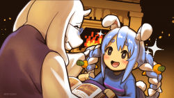 Rule 34 | 2girls, :d, ^ ^, animal ear fluff, animal ears, black eyes, blue hair, blue shirt, blush, book, bow, braid, breasts, bright pupils, carrot hair ornament, closed eyes, commentary request, dress, extra ears, fangs, fireplace, food-themed hair ornament, furry, furry female, glasses, gradient background, hair bow, hair ornament, highres, hikosan, hololive, horns, indoors, long hair, long sleeves, looking at another, multicolored hair, multiple girls, no nose, open book, open mouth, orange background, profile, purple dress, rabbit-shaped pupils, rabbit ears, rabbit girl, rabbit tail, shirt, sidelocks, simple background, skin fangs, small breasts, smile, sparkle, symbol-shaped pupils, tail, thick eyebrows, toriel, twin braids, twintails, two-tone hair, undertale, upper body, usada pekora, vest, virtual youtuber, white bow, white hair, white pupils, wide sleeves
