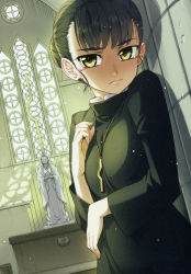 Rule 34 | 1girl, absurdres, against wall, black dress, breasts, brown hair, church, closed mouth, dress, elsa schtingheim, freckles, highres, indoors, jewelry, koume keito, long sleeves, looking at viewer, necklace, official art, page number, scan, short hair, small breasts, solo, spice and wolf, standing, tears, yellow eyes