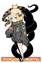 Rule 34 | 1girl, abigail williams (fate), abigail williams (traveling outfit) (fate), alternate hairstyle, bandaid, bandaid on face, bandaid on forehead, belt, black bow, black footwear, black jacket, blonde hair, blue eyes, blush, bow, character name, fate/grand order, fate (series), forehead, hair bow, hair bun, high collar, highres, holding, holding stuffed toy, jacket, legs, long hair, looking at viewer, nanachise7, official alternate costume, orange bow, parted bangs, polka dot, polka dot bow, simple background, single hair bun, sleeves past fingers, sleeves past wrists, solo, stuffed animal, stuffed toy, suction cups, teddy bear, tentacles, thighs, white background