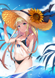 Rule 34 | 1girl, :3, absurdres, aircraft, airplane, aoman de cangshu, arm up, bare shoulders, bikini, black bikini, black bow, blonde hair, blue eyes, blush, bow, closed mouth, cloud, flower, gradient eyes, green eyes, hand up, hat, highres, in water, leaf, long hair, looking at viewer, mononobe alice, multicolored eyes, navel, nijisanji, sky, smile, solo, sunflower, swimsuit, thighs, virtual youtuber, wading, water, yellow hat