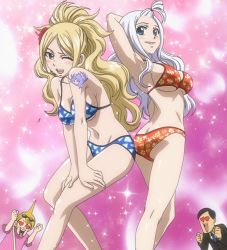Rule 34 | 2boys, 2girls, ass, ass-to-ass, bikini, blonde hair, blue eyes, blush, breasts, butt crack, chapati lola, fairy tail, heart, heart-shaped pupils, highres, jason (fairy tail), jenny realight, large breasts, long hair, mirajane strauss, multiple boys, multiple girls, screencap, smile, stitched, swimsuit, symbol-shaped pupils, tattoo, third-party edit, white hair