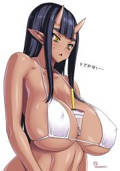 Rule 34 | 1girl, artist name, between breasts, bikini, black hair, breasts, bubble tea challenge, dark skin, dark-skinned female, drinking straw, covered erect nipples, horns, huge breasts, large breasts, long hair, oni, onomeshin, open mouth, original, pointy ears, simple background, solo, swimsuit, translated, upper body, white background, white bikini, yellow eyes