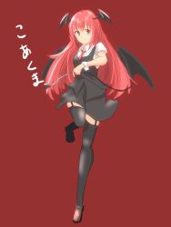 Rule 34 | 1girl, bad id, bad pixiv id, bat wings, black skirt, black thighhighs, black vest, black wings, character name, demon tail, dress shirt, full body, garter straps, head wings, highres, holding tail, koakuma, loafers, long hair, looking at viewer, low wings, miniskirt, necktie, red background, red eyes, red hair, red necktie, shirt, shoes, short sleeves, simple background, skirt, skirt set, smile, solo, standing, standing on one leg, tail, thighhighs, touhou, vest, white shirt, wings, wrist cuffs, yusake san, zettai ryouiki
