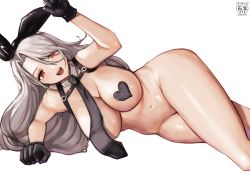 Rule 34 | 1girl, azur lane, black gloves, black necktie, breasts, feet out of frame, gloves, grey hair, heart maebari, heart pasties, highres, large breasts, long hair, looking at viewer, lying, maebari, necktie, on side, open mouth, pasties, prinz heinrich (azur lane), red eyes, simple background, solo, teeth, upper teeth only, white background, yamamori kinako