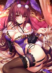 Rule 34 | 1girl, animal ears, arm support, ass, bare shoulders, bed, black thighhighs, blurry, blush, bokeh, breasts, bridal garter, cleavage, closed mouth, cup, curtains, depth of field, detached sleeves, drinking glass, earrings, eyelashes, fake animal ears, fate/grand order, fate (series), fingernails, garter straps, gem, glint, glitter, gold, hair between eyes, high heels, highres, holding, holding cup, jewelry, large breasts, leotard, long fingernails, long hair, looking at viewer, lying, nail polish, navel, o-ring, official alternate costume, on side, pink lips, pink nails, playboy bunny, pumps, purple gemstone, purple hair, rabbit ears, rabbit tail, reclining, red eyes, revealing clothes, sakiyamama, scathach (fate), scathach (piercing bunny) (fate), shoes, sidelocks, signature, skindentation, smile, solo, stiletto heels, stomach, tail, tattoo, thigh strap, thighhighs, tsurime, very long hair, wine glass