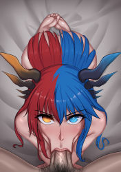 Rule 34 | 1boy, 1girl, :&gt;=, absurdres, ass, bed, bed sheet, blue eyes, blue hair, blue horns, blush, bright pupils, commission, completely nude, dragon girl, dragon horns, eyes visible through hair, feet, fellatio, hair between eyes, hetero, heterochromia, highres, horns, inferna dragnis (xoldrek), kneeling, lips, long hair, looking at another, looking at viewer, male pubic hair, monster girl, multicolored hair, nude, open mouth, oral, orange eyes, orange horns, original, pale skin, penis, pubic hair, red hair, rikka (artist), shiny skin, soles, split-color hair, symbol-shaped pupils, toes, two-tone hair, uncensored, white pupils