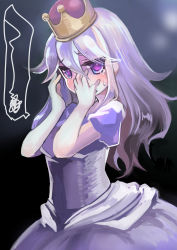 Rule 34 | 1girl, absurdres, blush, breasts, cleavage, crown, dress, gloves, hair between eyes, highres, large breasts, long hair, looking at viewer, luigi&#039;s mansion, mario (series), nintendo, open mouth, princess king boo, ruu bot, silver hair, solo, super crown, white dress, white gloves
