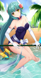 Rule 34 | 1girl, absurdres, aqua hair, beach, blush, breasts, cleavage, day, elbow gloves, fate/grand order, fate (series), flower, gloves, hair flower, hair ornament, head tilt, highres, horns, kiyohime (fate), kiyohime (fate/grand order), kiyohime (swimsuit lancer) (fate), kiyohime (swimsuit lancer) (second ascension) (fate), kyoukai33, long hair, low-tied long hair, medium breasts, ocean, one-piece swimsuit, palm tree, partially submerged, polearm, smile, solo, strapless, strapless one-piece swimsuit, swimsuit, tree, wading, weapon, white gloves, yellow eyes