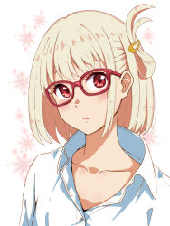Rule 34 | 1girl, bespectacled, blonde hair, buttons, collarbone, collared shirt, commentary request, floral background, glasses, hair ornament, hairclip, highres, light blush, looking at viewer, lycoris recoil, nishikigi chisato, open collar, parted lips, red-framed eyewear, red eyes, shirt, short hair, simple background, solo, upper body, white background, white shirt, yuki yuxtuke