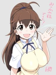 Rule 34 | 1girl, :d, apron, bow, bowieknife, breasts, brown eyes, brown hair, collared shirt, female focus, grey background, large breasts, long hair, looking at viewer, open mouth, ponytail, scrunchie, shirt, signature, simple background, smile, solo, taneshima popura, upper body, waitress, waving, working!!